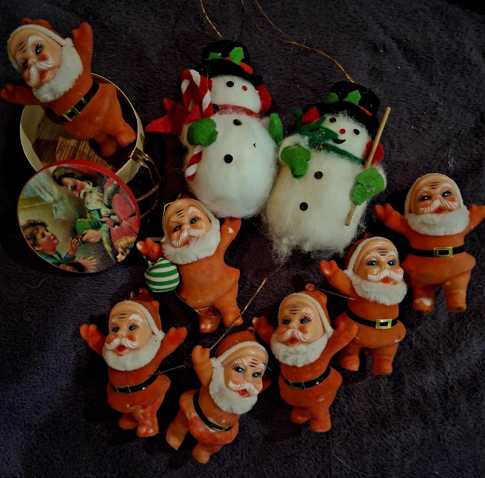Vintage Plastic Flocked Felt Christmas Santa Ornaments and Snowmen