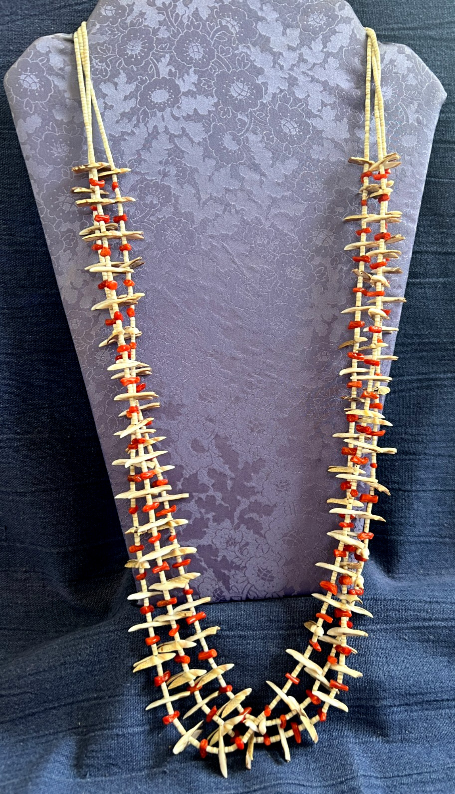 Native American 3 Strand Carved Shell Bird Fetish Branch Coral Necklace  33 In.