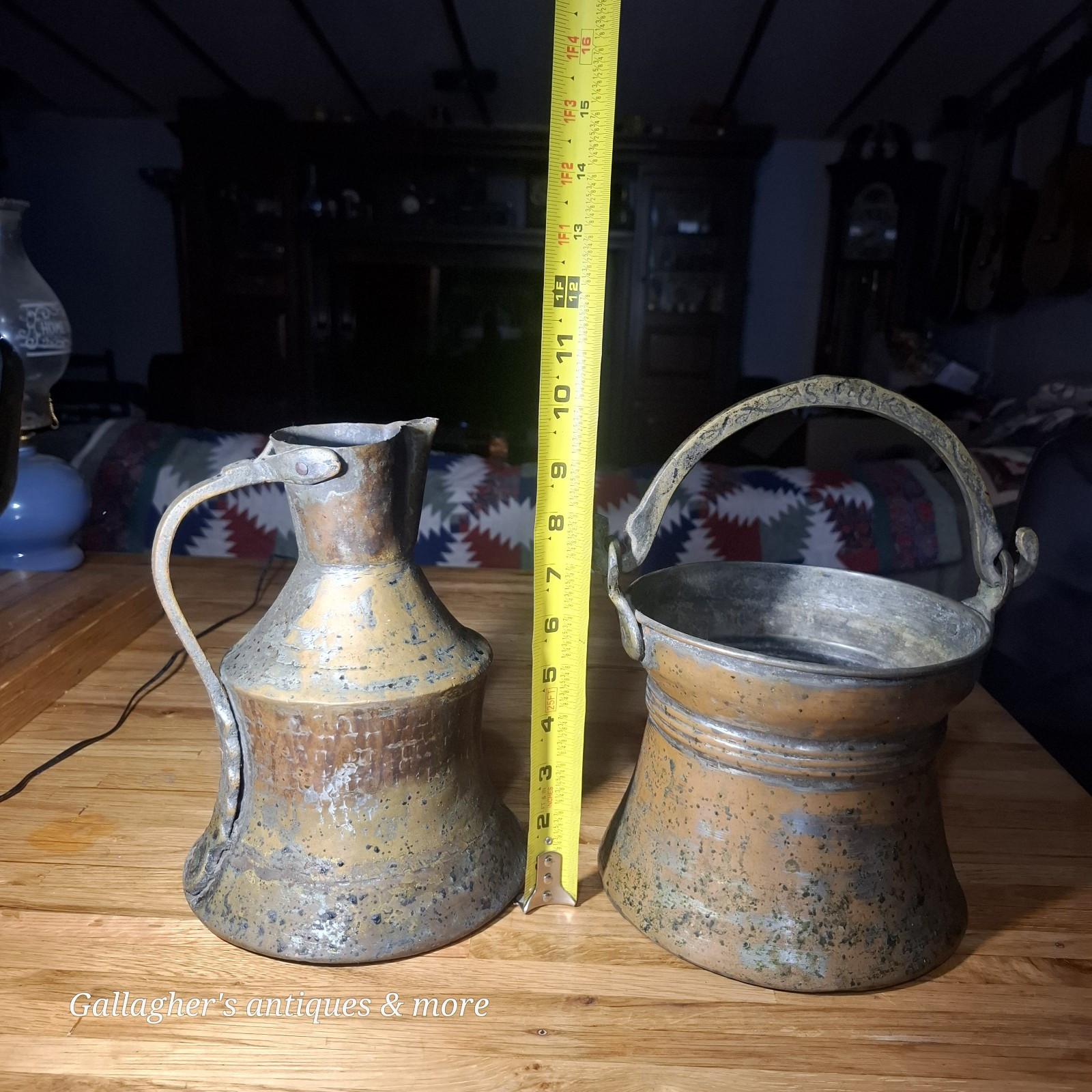 Lot Of 2 Antique Primitive Hammered Copper Brass Kettle Pitcher Jug Coldron Cook