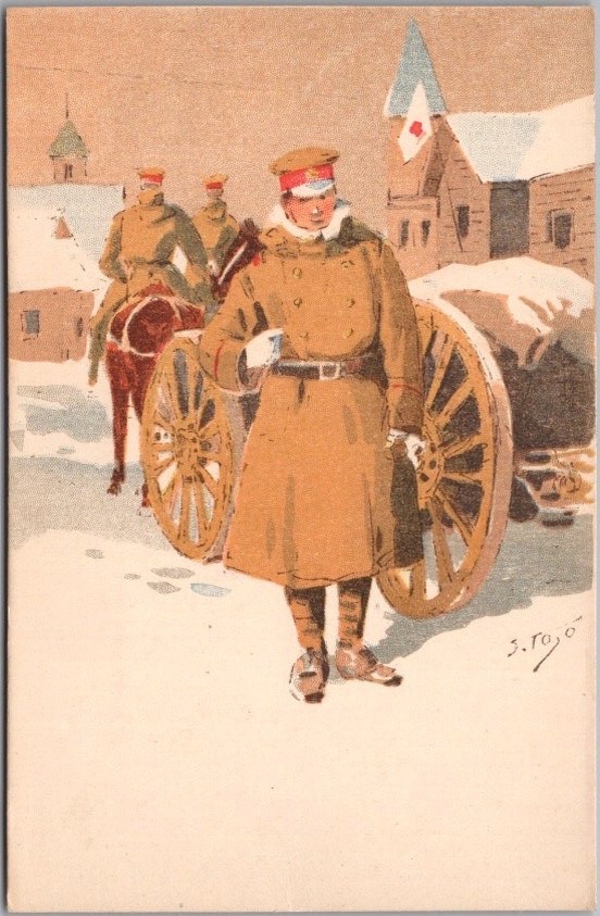 c1910s CHINA Chinese Military Postcard Soldiers / Winter Scene - Artist-Signed