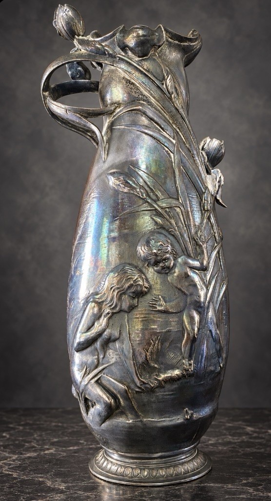 Art Nouveau Pewter 19” Vase Children Frogs Irises Signed W. Hering Art Nouveau Pewter 19” Vase Children Frogs Irises Signed W. Hering