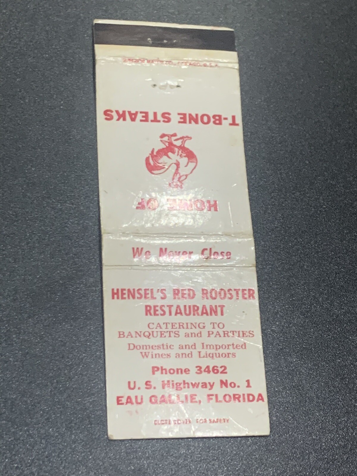 Vintage Florida Matchbook “Hensel’s Red Rooster Restaurant” Eau Gallie