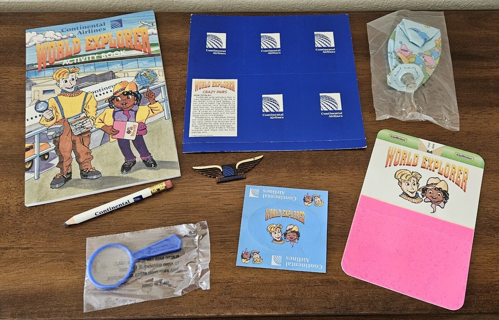 VTG 1993 Continental Airlines Kids World Explorer Activity Pack. 8 Items Unused.