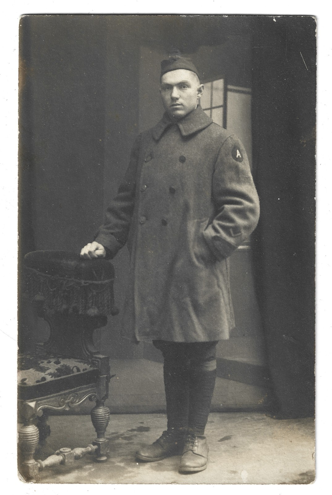 US WWI RPPC 3rd Army Soldier German Studio ca. 1919 Patched Sleeve on Overcoat US WWI RPPC 3rd Army Soldier German Studio ca. 1919 Patched Sleeve on Overcoat