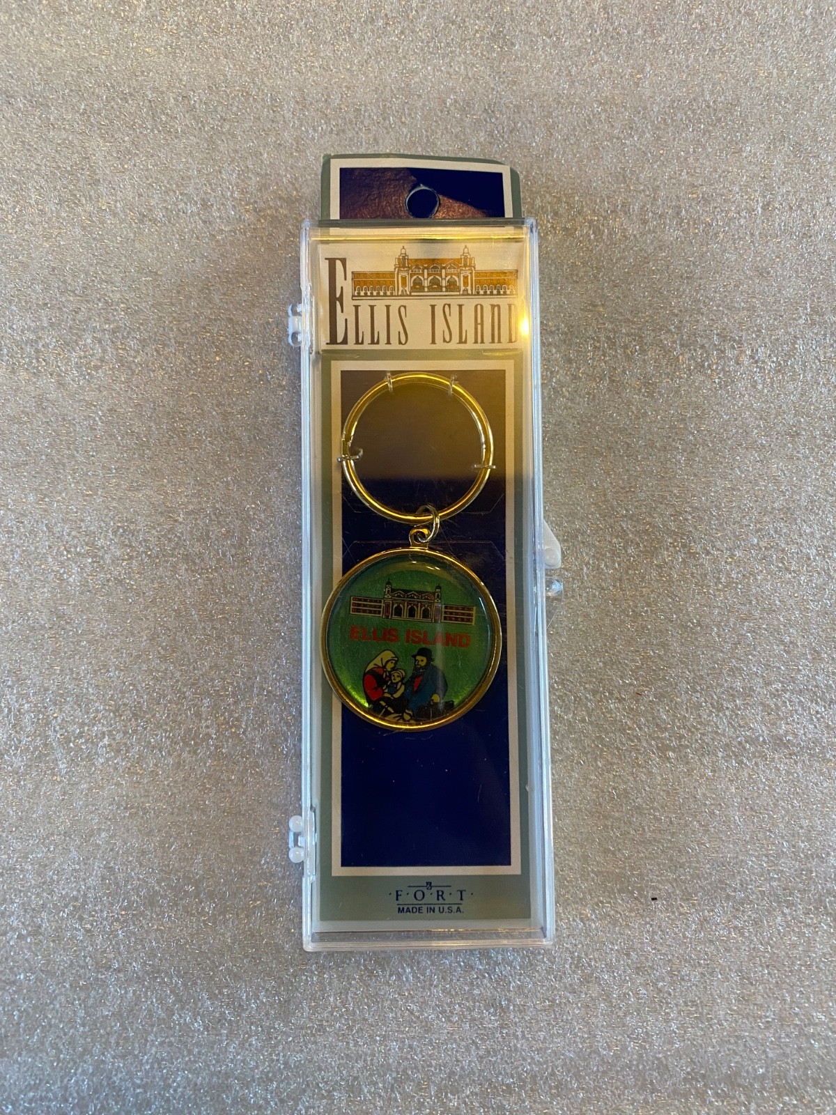 Ellis Island Commemorative Keychain w/ Gold Finished Bezel & Green Enamel Ellis Island Commemorative Keychain w/ Gold Finished Bezel & Green Enamel