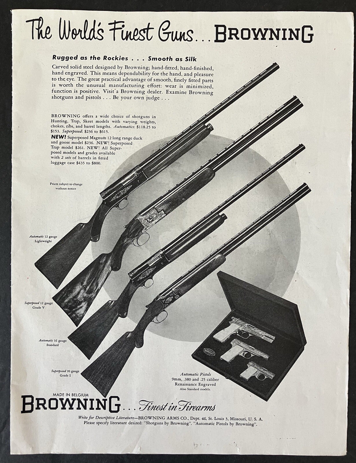 1954 Browning Finest in Firearms St. Louis Missouri B&W Vintage Print Ad 1954 Browning Finest in Firearms St. Louis Missouri B&W Vintage Print Ad