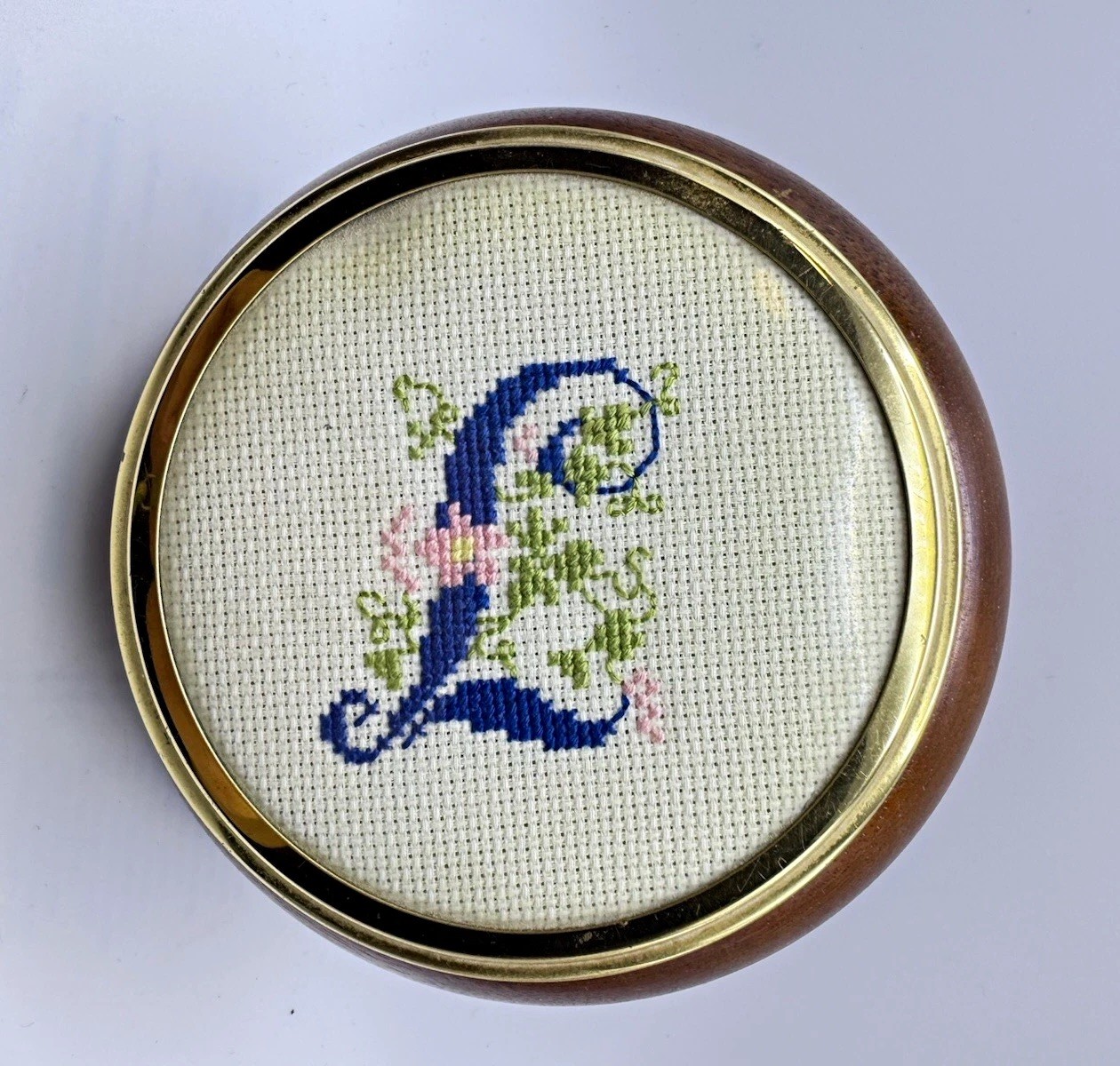 Vintage Turned Wood Trinket Bowl Box Embroidered Initial L Monogram Cross Stitch