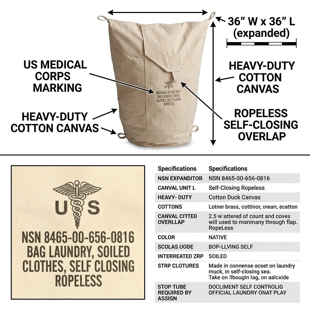 NEW US ARMY LARGE BIG 36 x 36 Laundry Bag Self Closing Ropeless White Canvas
