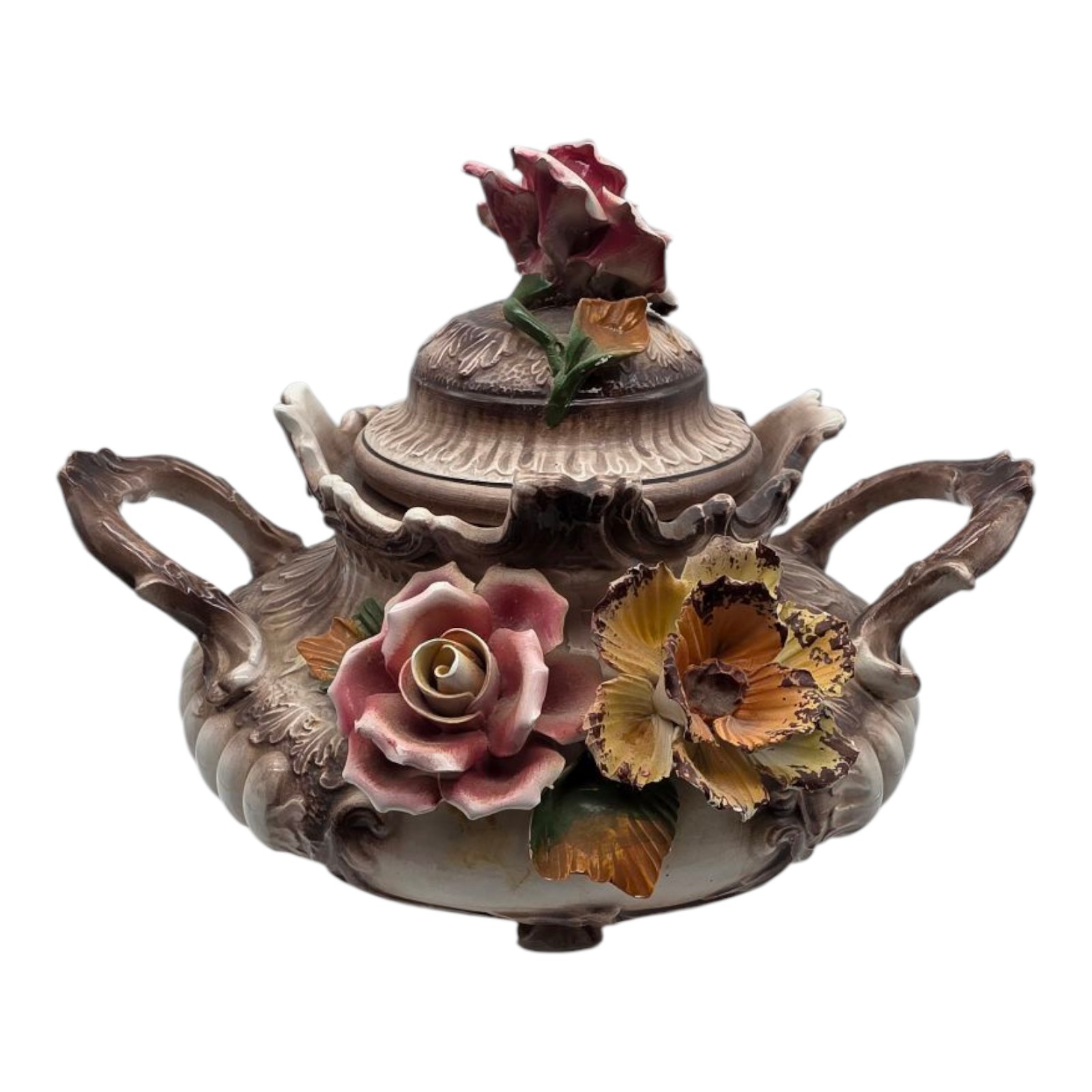 Vtg Antique Large Capodimonte Italy Soup Tureen Brown Colorful Flowers Vtg Antique Large Capodimonte Italy Soup Tureen Brown Colorful Flowers