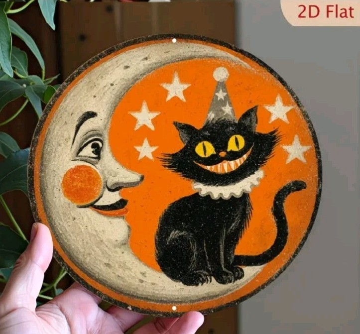 Vintage Black Cat Moon Wooden Wall Sign Round Halloween Decor Orange Hat Vintage Black Cat Moon Wooden Wall Sign Round Halloween Decor Orange Hat