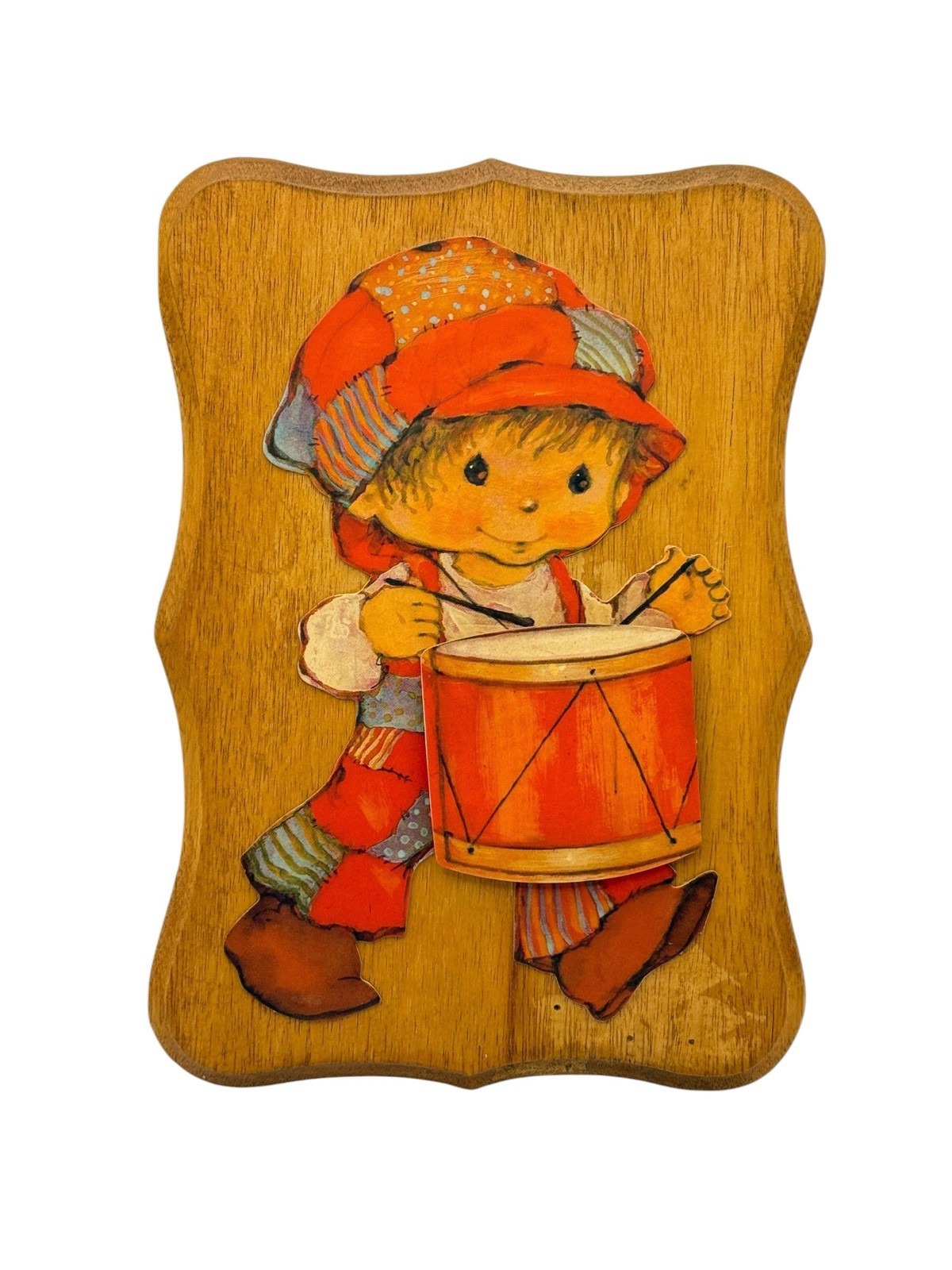 VTG 1970s Holly Hobbie Style Wood Wall Plaque Boy Drum 3D Decoupage Art 7x5”