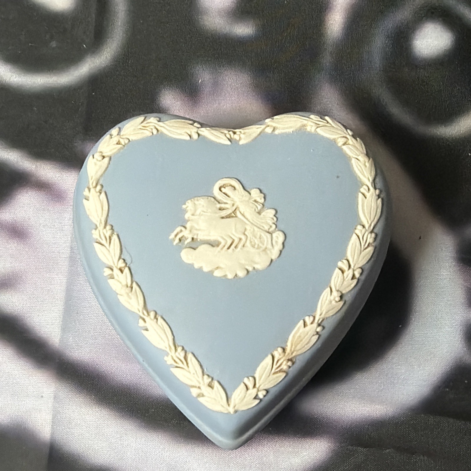 Vintage 1970s Wedgwood Blue Jasperware Heart Trinket Box- ULYSSES CHARIOT MOTIF