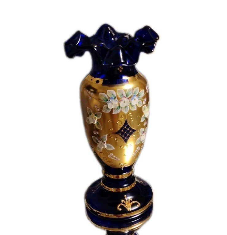 Egermann Czech Art Glass Floral Vase Cobalt Blue Gold Porcelain Flower Bohemian Egermann Czech Art Glass Floral Vase Cobalt Blue Gold Porcelain Flower Bohemian