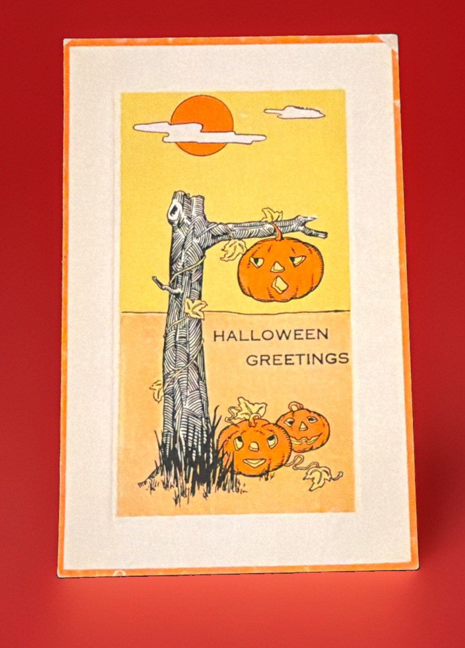 Rare Gibson Art Co Halloween Postcard 3 Jack O Lanterns Pumpkin Tree Antique