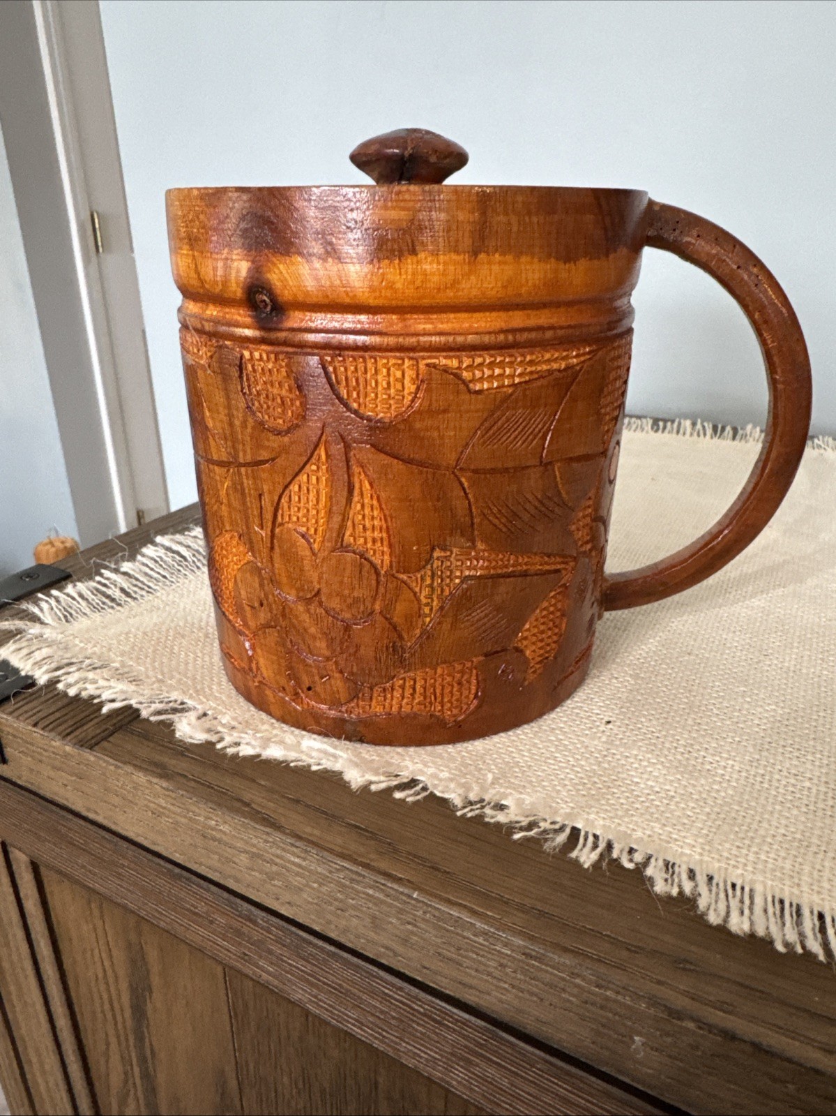 Hand carved Large Wooden Lidded Mug/container