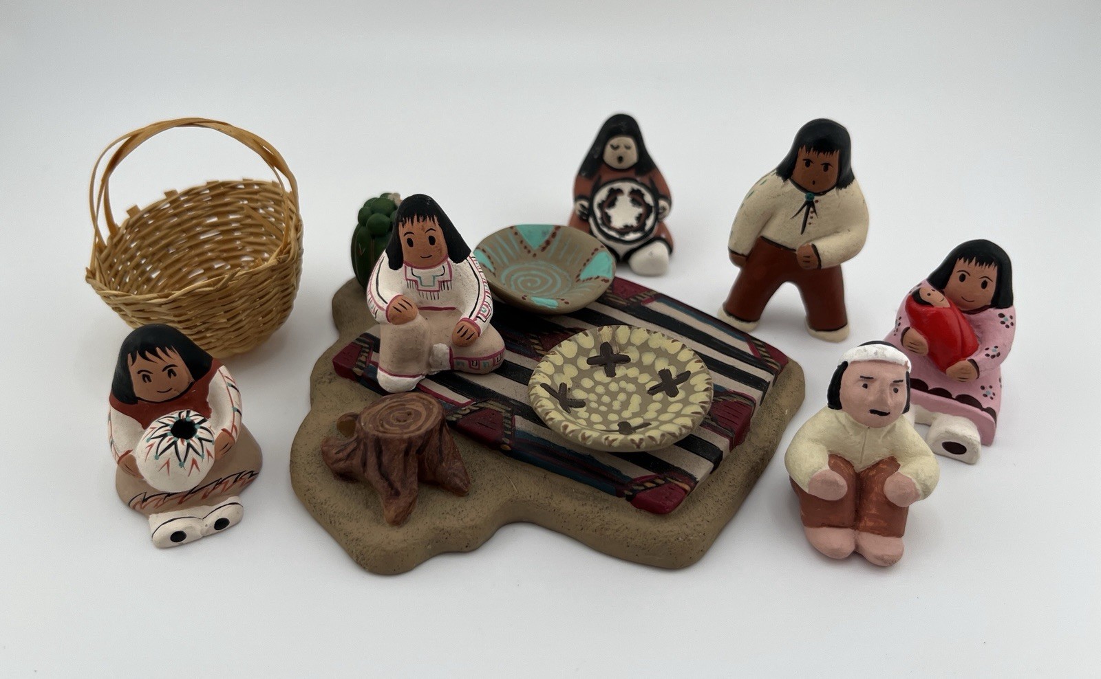 Vintage Native American Pueblo Southwest Clay Storyteller Diorama 8pc Lot Mini
