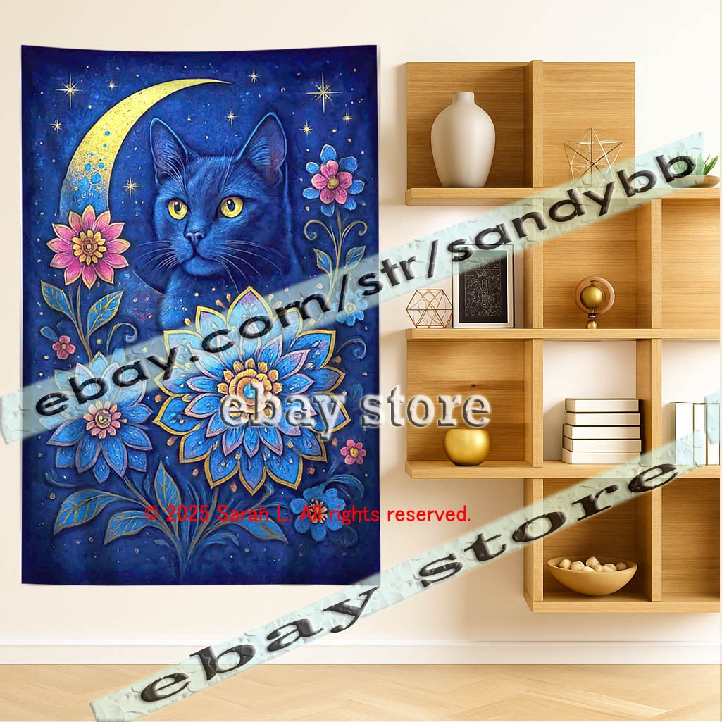 Fabric Tapestry Starry Garden Cat colorful boho design accent wall 39X59 in