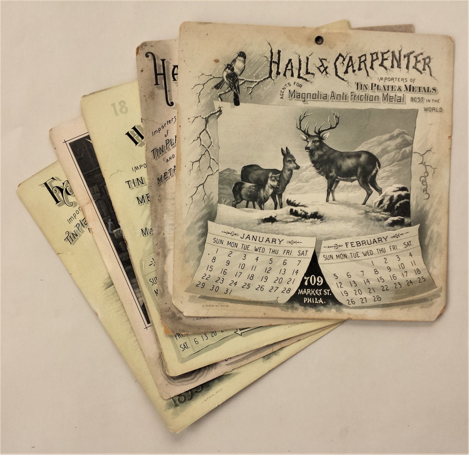 LOT 1893 antique 5pc HAIL & CARPENTER CALENDAR AD phila pa TIN PLATE METAL screw LOT 1893 antique 5pc HAIL & CARPENTER CALENDAR AD phila pa TIN PLATE METAL screw