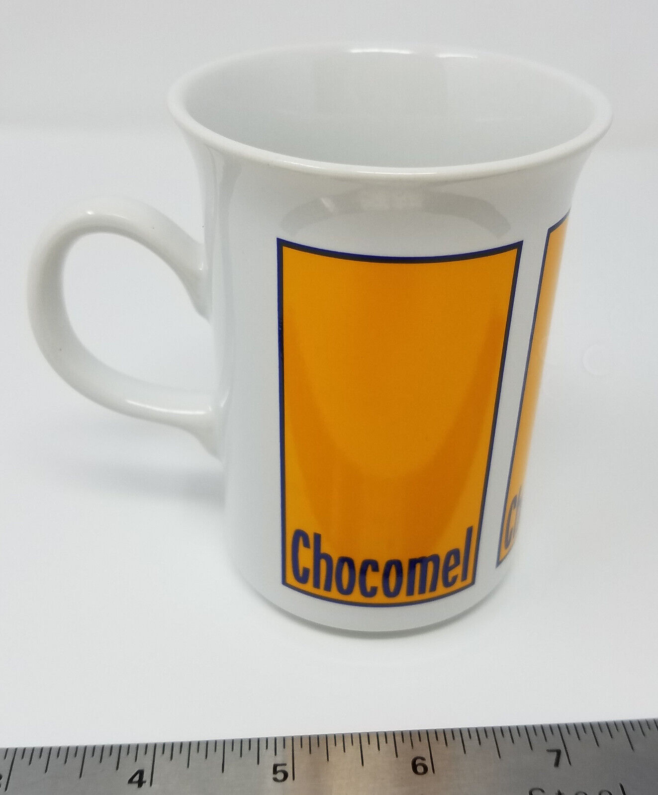 Vintage Slim Chocomel Mug with Minimalist Yellow & Blue Design on White RARE