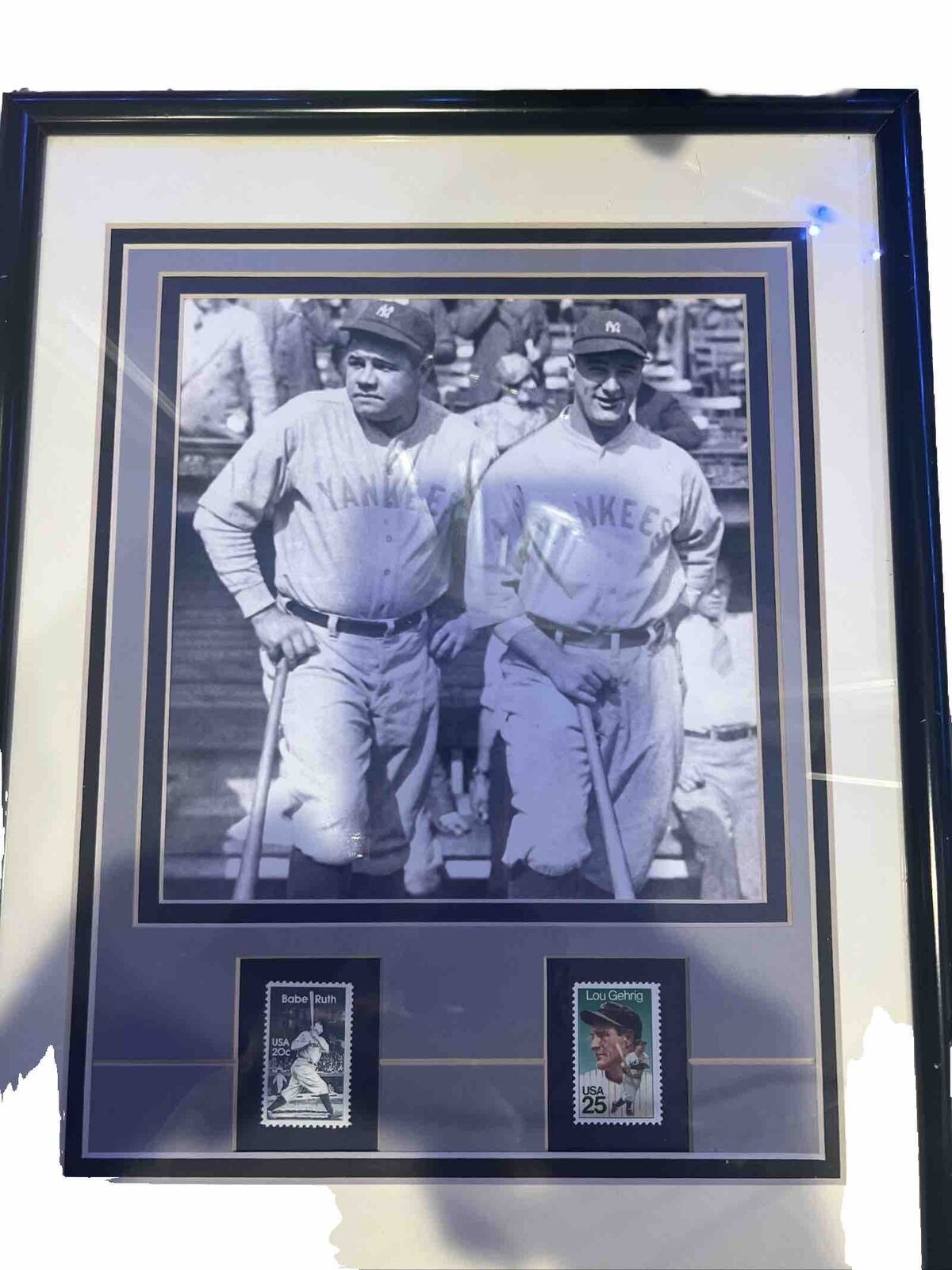Yankees Babe Ruth & Lou Gehrig Photo & Postage Stamps in Picture Frame  