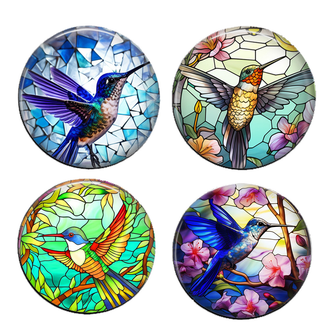 Set of 4 Hummingbird Fridge Magnets Decorative Faux Stained Glass Art 2 Inch