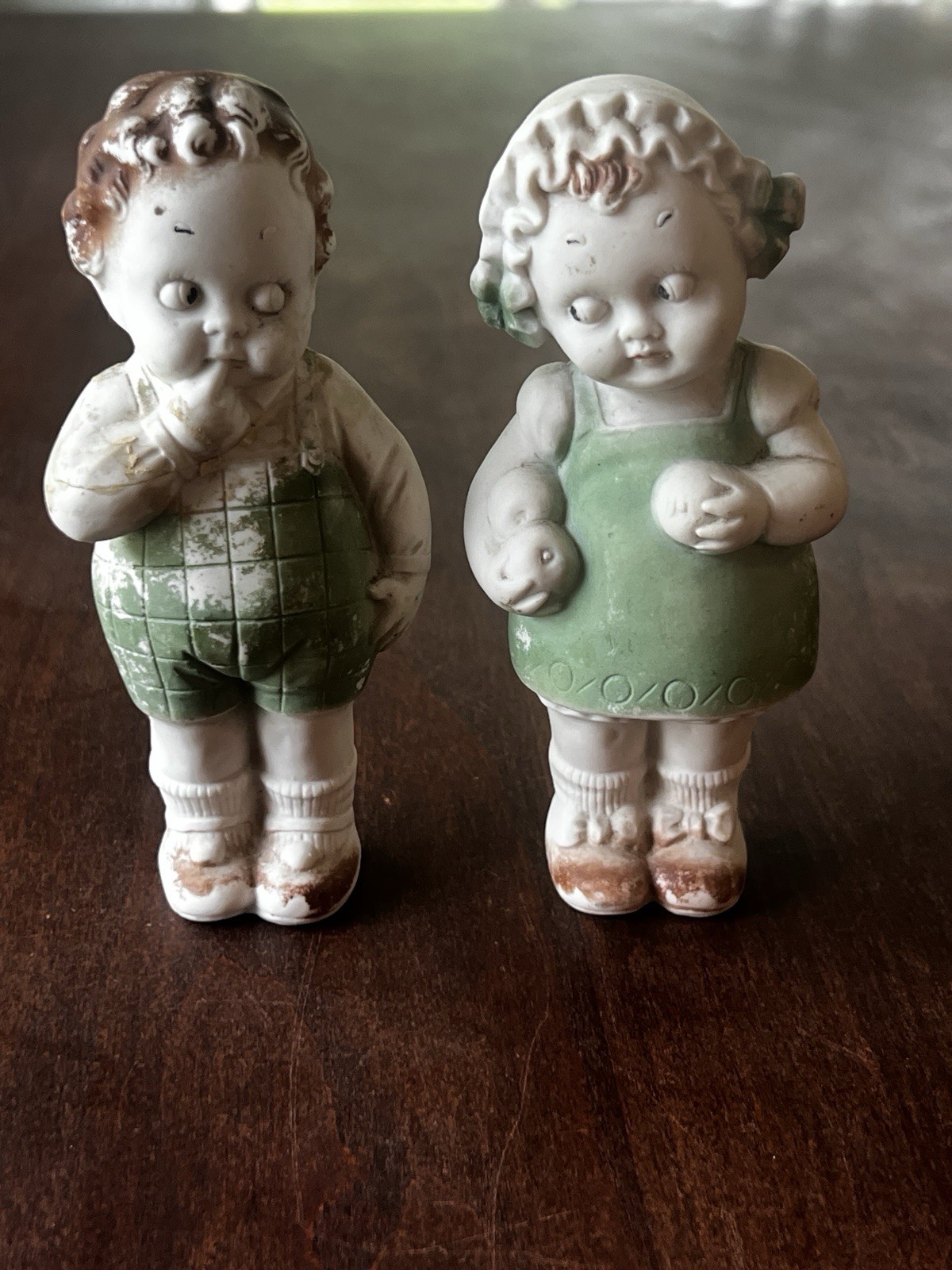 Antique German Bisque Googly-Eyed Character Figurines-Boy & Girl Pair