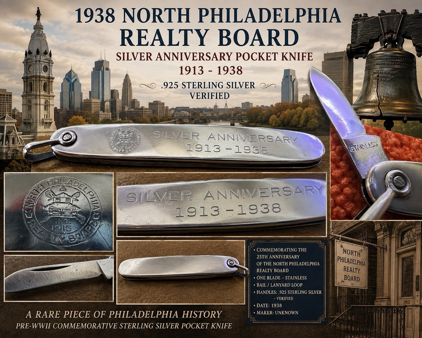 1938 North Philadelphia Realty Board Sterling Silver Pocket Knife Vintage .925