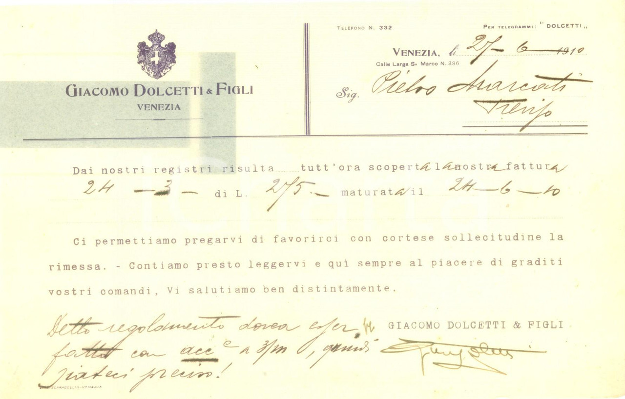 1910 VENICE Giacomo DOLCETTI & Figli requests payment *Invoice