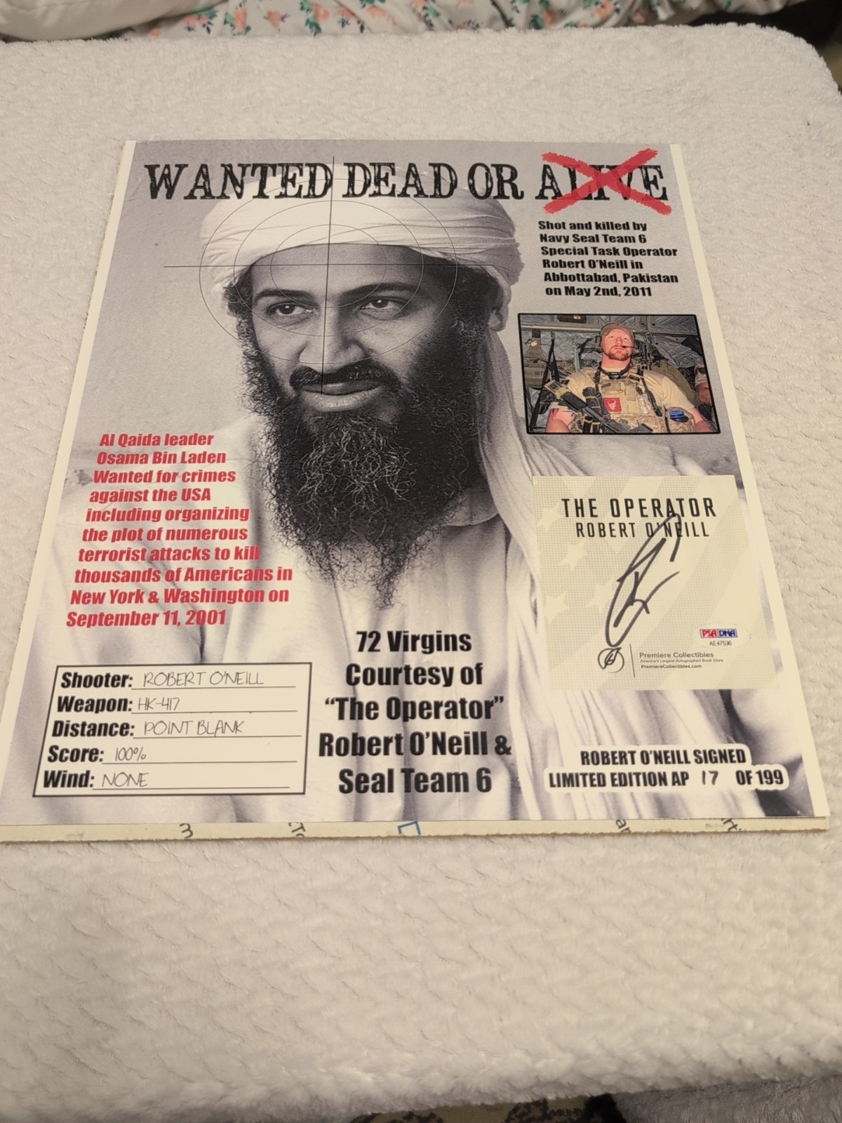 Robert O'Neill Signed Autographed 13 x 16 Photo Navy Seal Bin Laden PSA COA Robert O'Neill Signed Autographed 13 x 16 Photo Navy Seal Bin Laden PSA COA