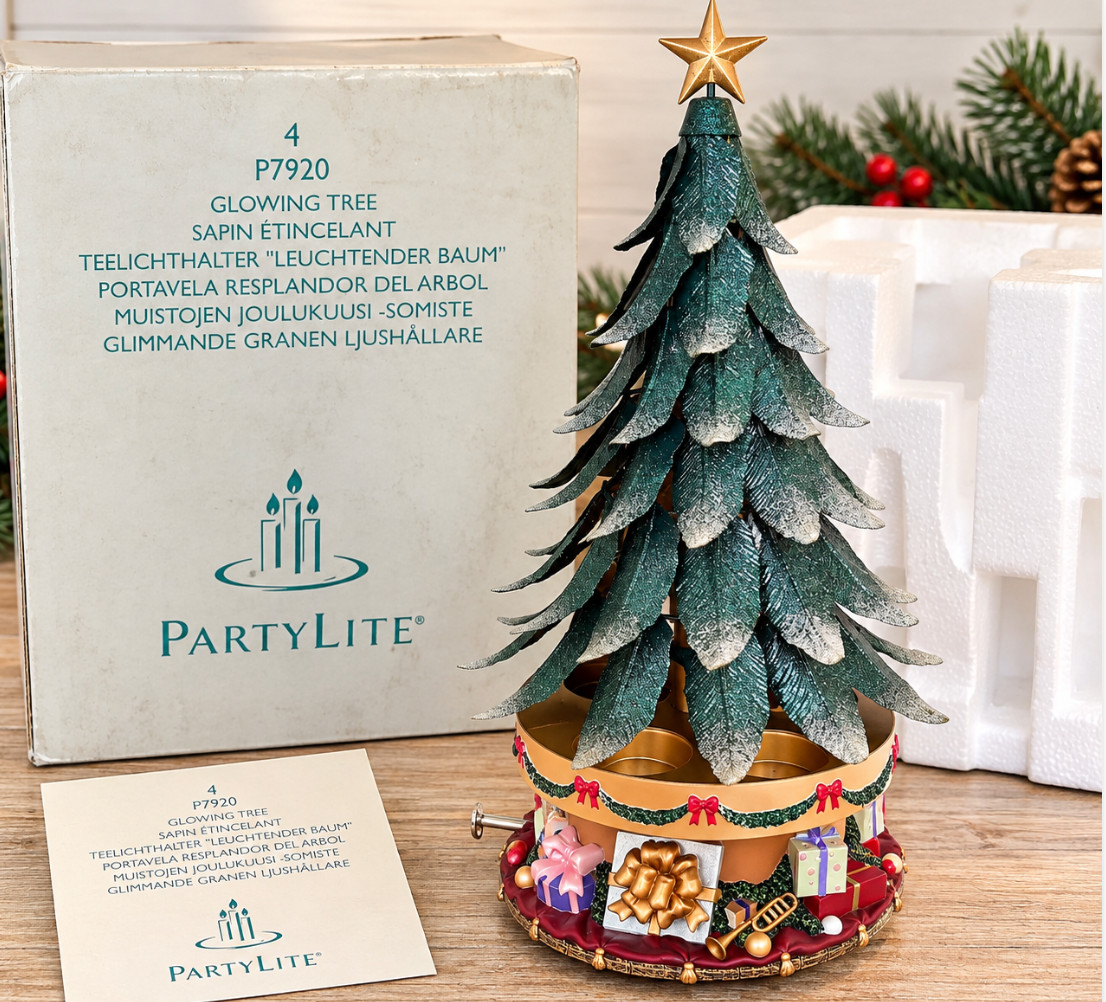 PartyLite Glowing Christmas Tree P7920 Musical Rotating Tealight Holder w Box