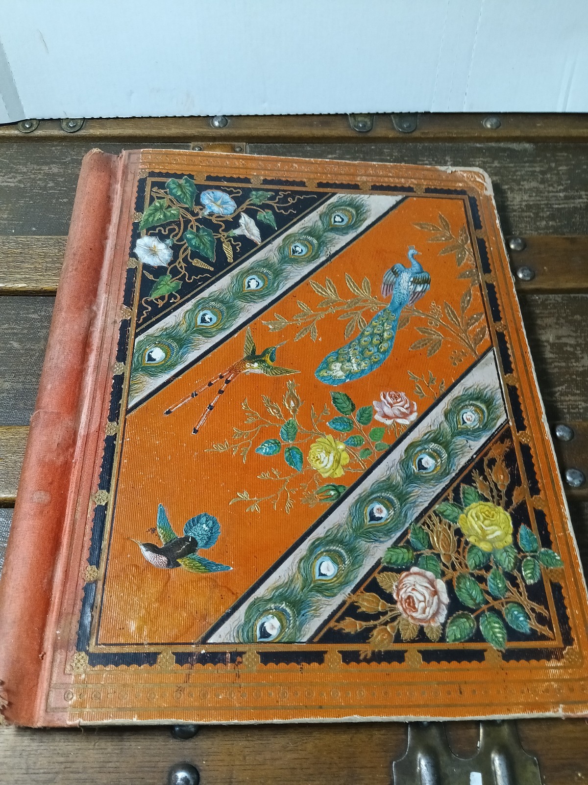 Antique 1882 Victorian Scrapbook Album Peacock Floral Embossed Cover Vintage...