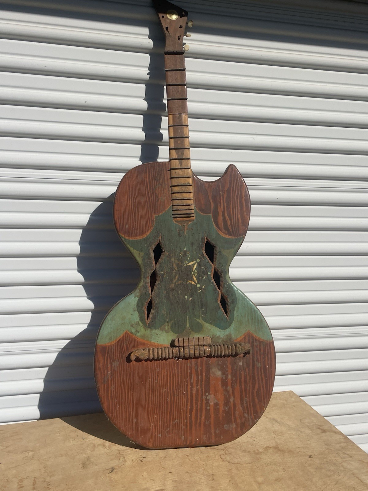 Large Vintage Folk Art Guitar Sculpture Carved Wood Musical Piece Large Vintage Folk Art Guitar Sculpture Carved Wood Musical Piece