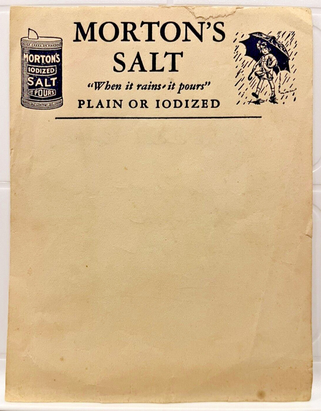 Morton's Salt Note Letterhead When It Rains It Pours Plain or Iodized - 1940s? Morton's Salt Note Letterhead When It Rains It Pours Plain or Iodized - 1940s?