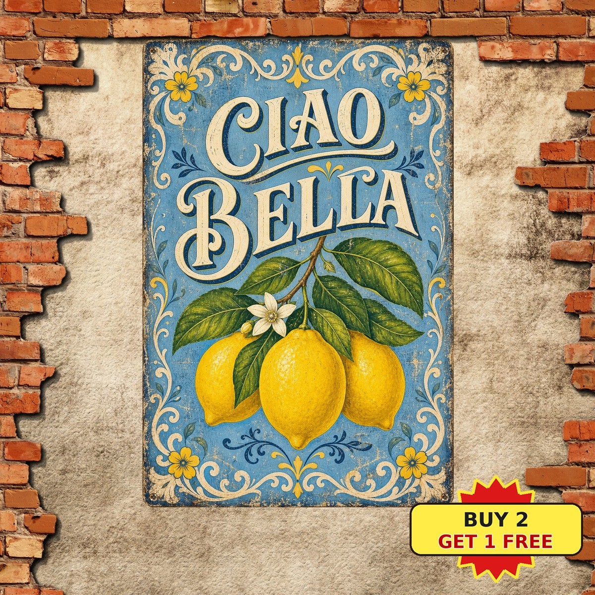 Ciao Bella Lemon Tree Mediterranean Style Italian Metal Tin Sign 8x12