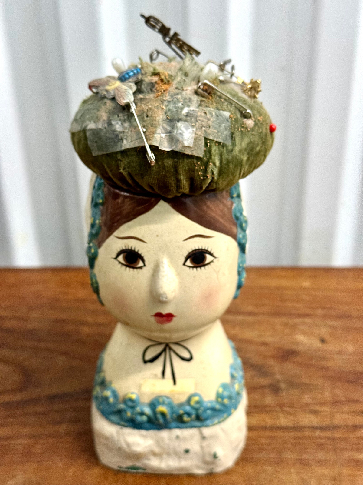 Vintage Gemma Taccogna 1960s Mexican Folk Art Lady Pin Cushion Paper Mache