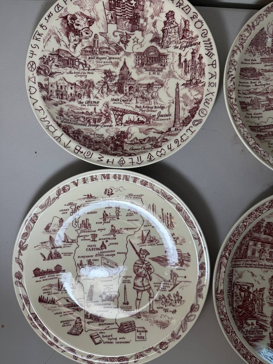 Vernon Kilns US States Souvenir Plates Vintage Red Transferware Old Inns Set 5 Vernon Kilns US States Souvenir Plates Vintage Red Transferware Old Inns Set 5