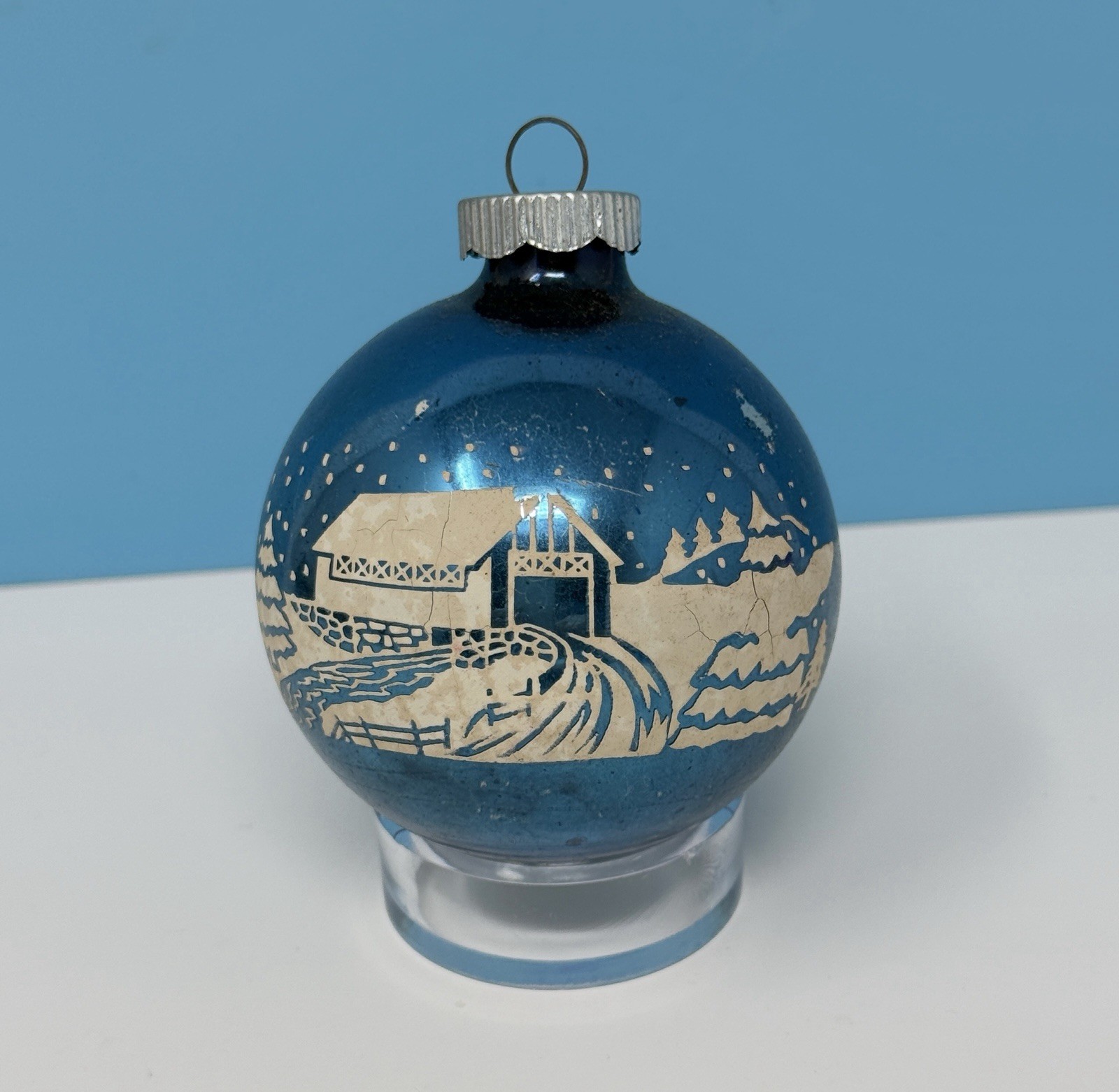 Vintage Shiny Brite Stenciled Ornament Snowy Winter Scene, Covered Bridge, Blue Vintage Shiny Brite Stenciled Ornament Snowy Winter Scene, Covered Bridge, Blue