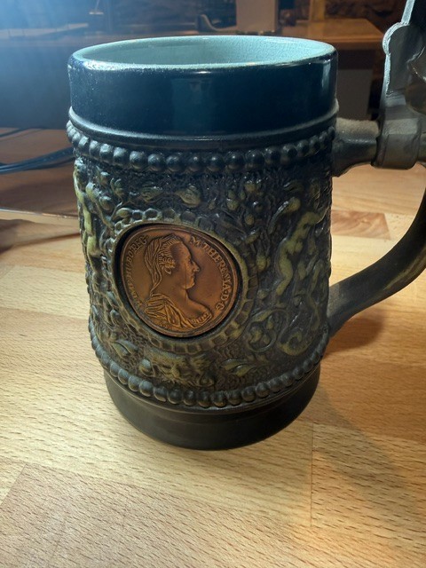 Three Coin Beer Stein, Germany, with pewter lid, Cherub, PBCN Original King West