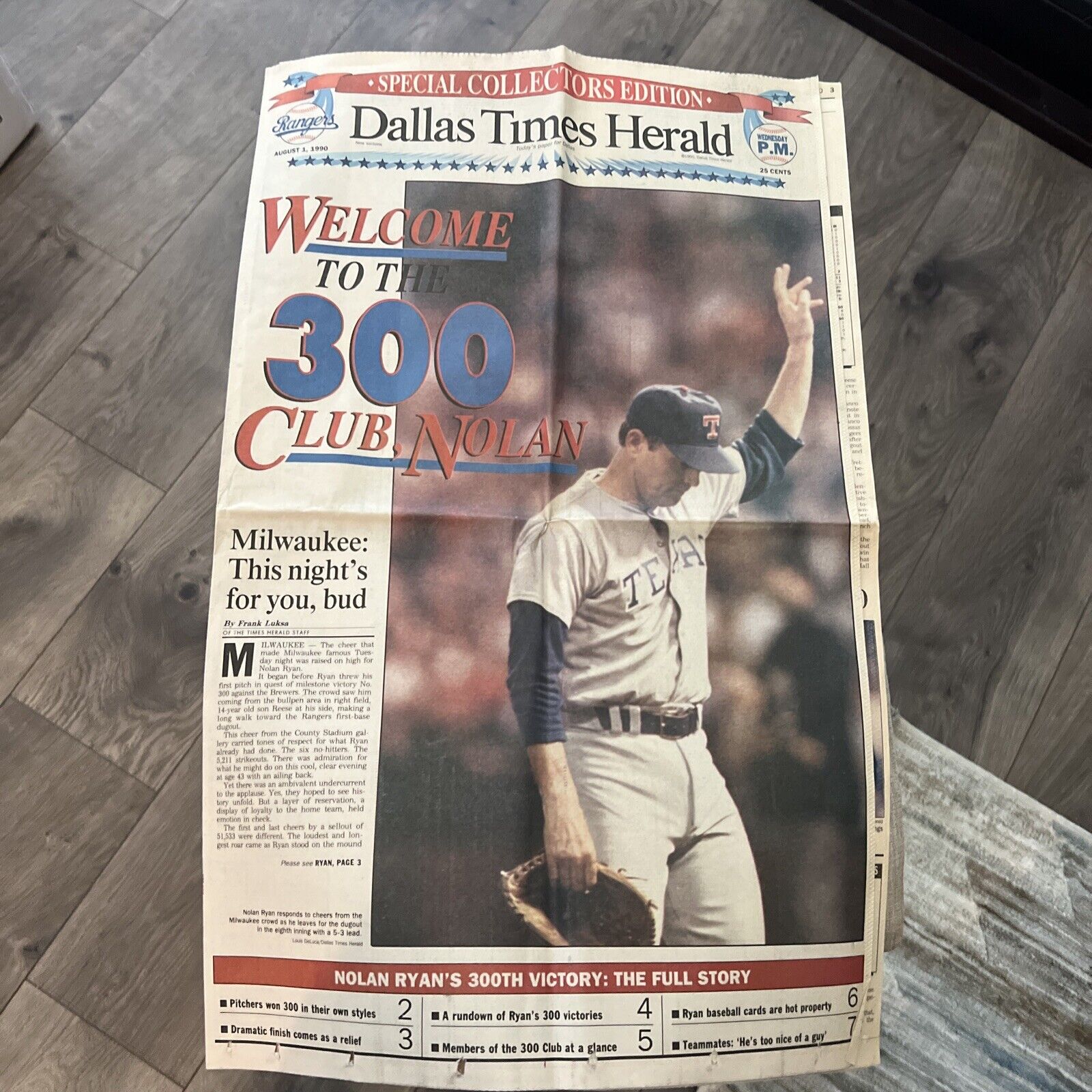 Nolan Ryan “Welcome To The 300 Club” Newspaper. 8-1-1990. Dallas Times Herald.