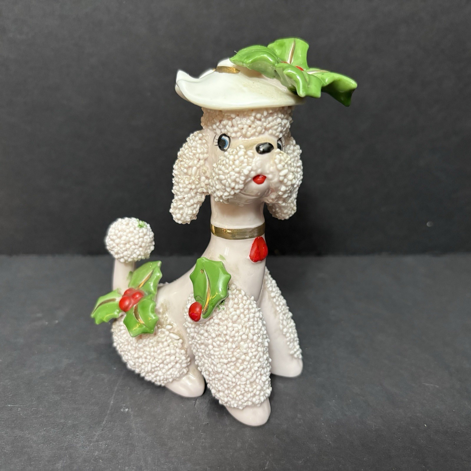 Vtg 50s 60s Napco Spaghetti Holly Leaf Hat Pink Poodle Christmas Figurine Japan Vtg 50s 60s Napco Spaghetti Holly Leaf Hat Pink Poodle Christmas Figurine Japan
