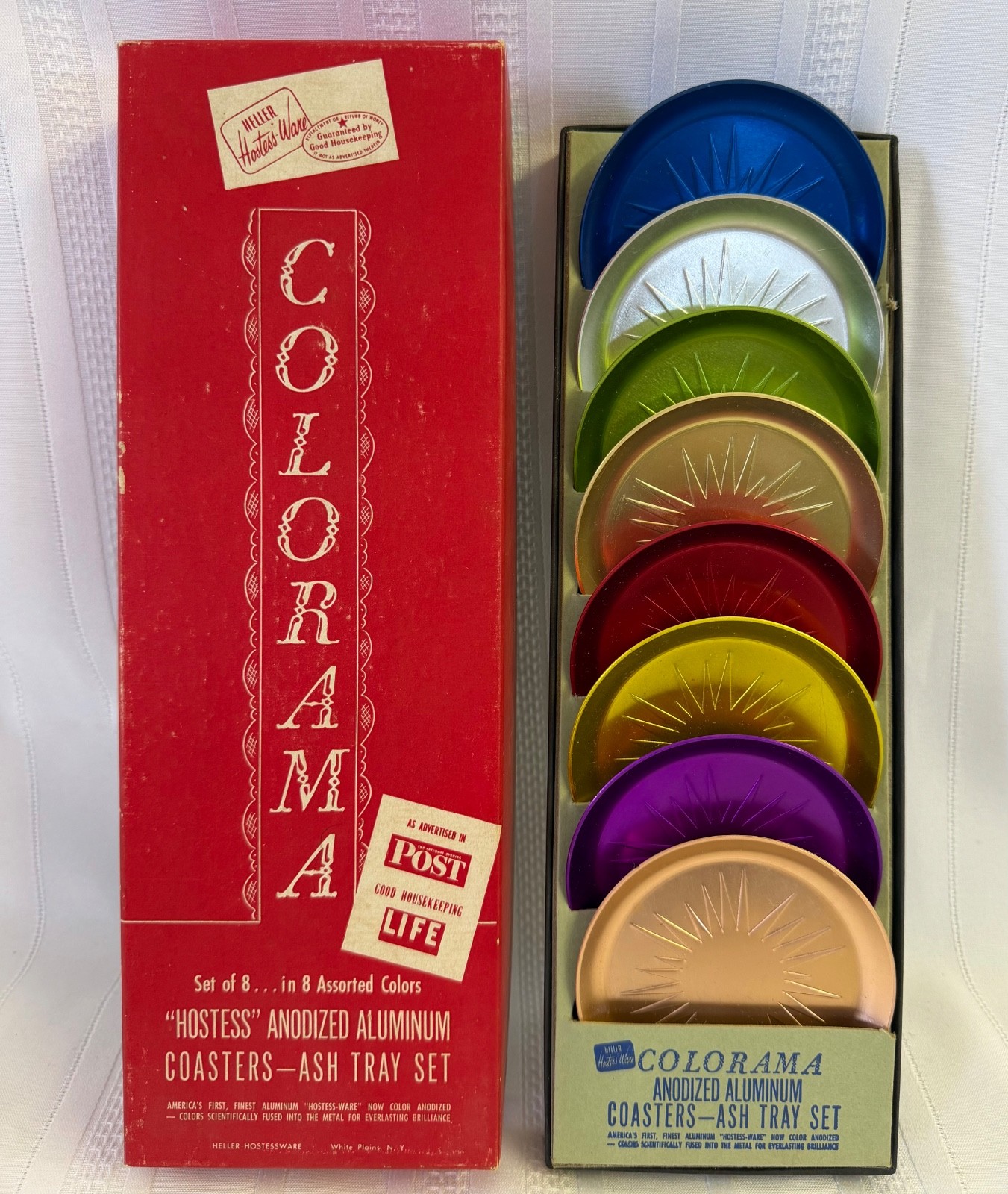 Vintage Heller Hostess-Ware COLORAMA Aluminum Coasters Ashtray Set Box Set of 8 Vintage Heller Hostess-Ware COLORAMA Aluminum Coasters Ashtray Set Box Set of 8