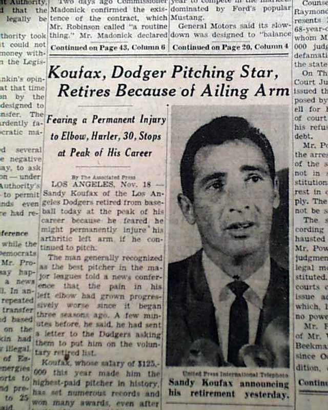 SANDY KOUFAX Los Angeles Dodgers Pitcher Announces RETIREMENT 1966 NYC Newspaper