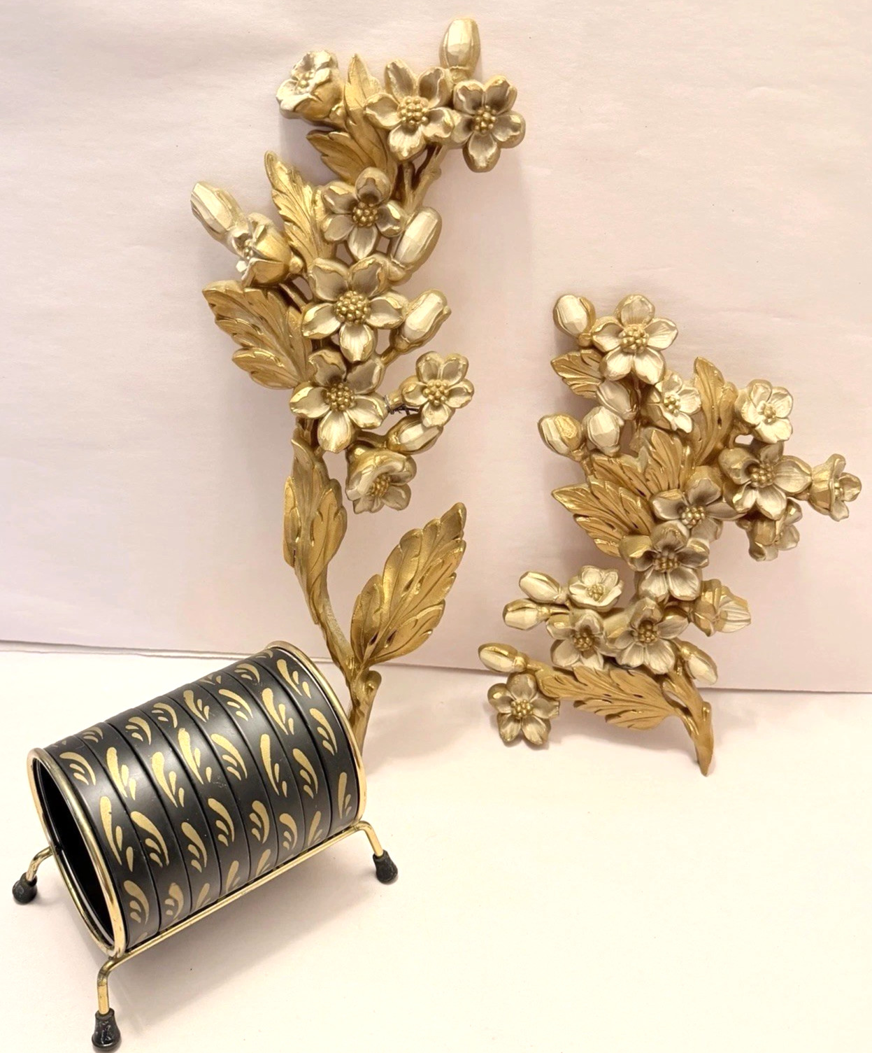 MCM Decor Lot Syroco Dogwood Floral Gold and Nashco Coaster Set Regency VTG MOD MCM Decor Lot Syroco Dogwood Floral Gold and Nashco Coaster Set Regency VTG MOD