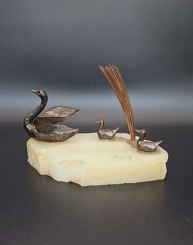 Vintage Mario Jason Brutalist Metal Duck Sculpture Onyx Base Signed WITH TAGS 7\