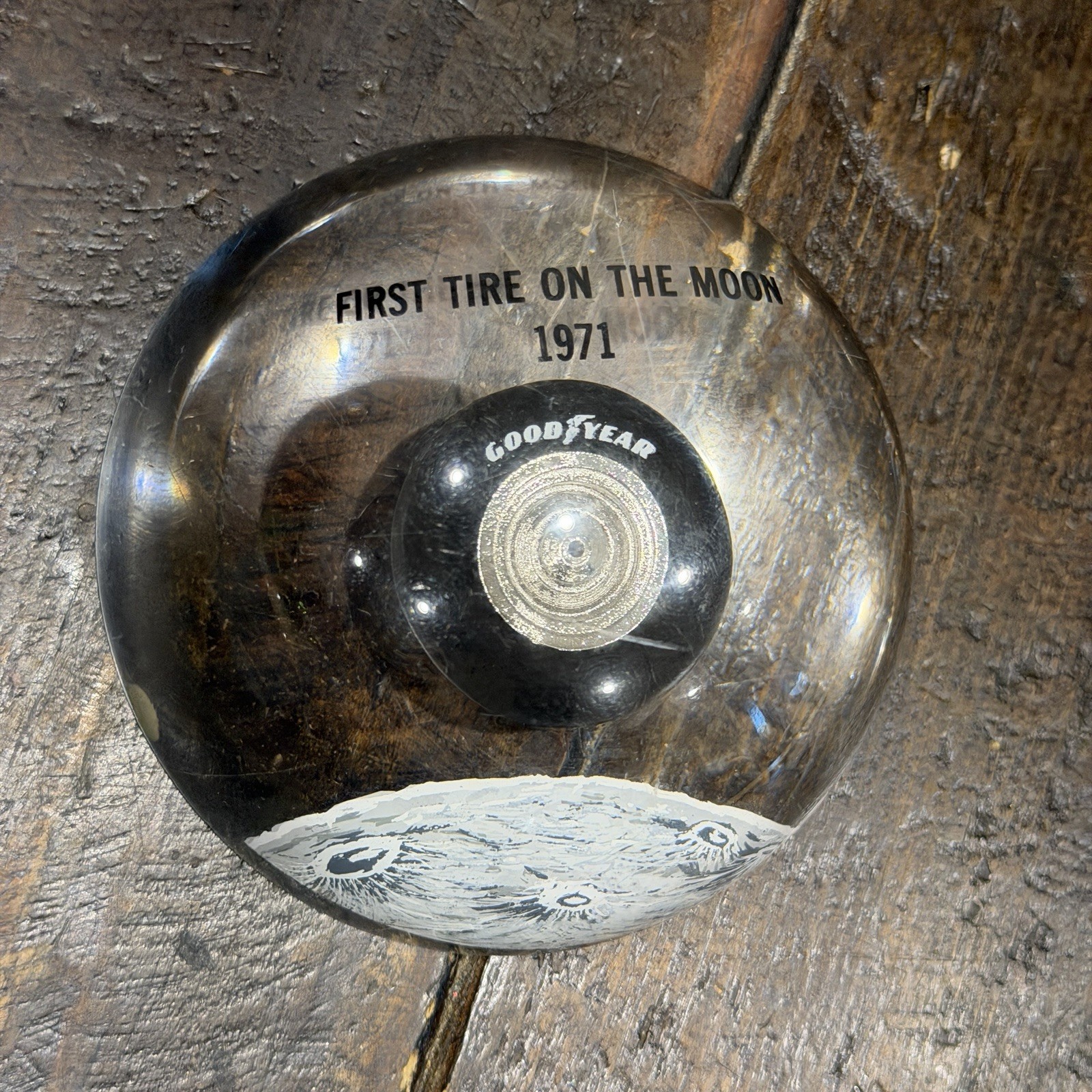 NASA GOODYEAR FIRST TIRE ON THE MOON LUCITE 1971 PAPERWEIGHT APOLLO 14 MISSION NASA GOODYEAR FIRST TIRE ON THE MOON LUCITE 1971 PAPERWEIGHT APOLLO 14 MISSION