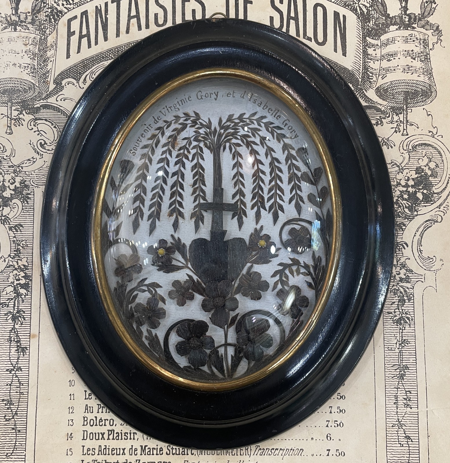 Rare Large Antique French Mourning Hair Art Domed Glass Wooden Frame Heart c1880 Rare Large Antique French Mourning Hair Art Domed Glass Wooden Frame Heart c1880