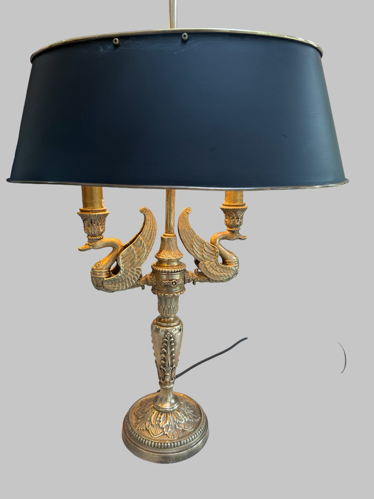 Antique French  Bouillotte double swan brass table lamp black metal shade