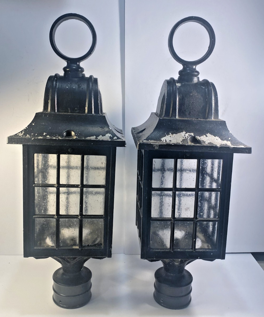 Lot of 2 Large Antique Cast Aluminum Metal Gas Post Lamps 24\'\' Tall by 7\'\' Wide