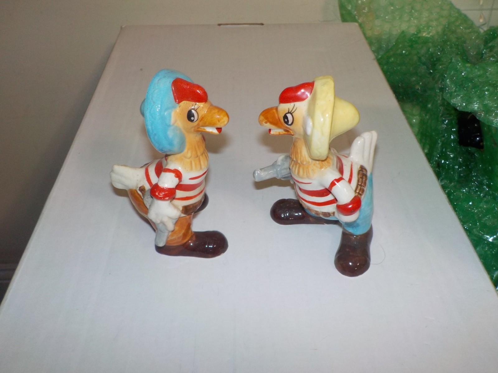 2 Vintage 1950's Kreiss Ceramics Anthro Mexican Chickens w/ Guns Dueling Figure