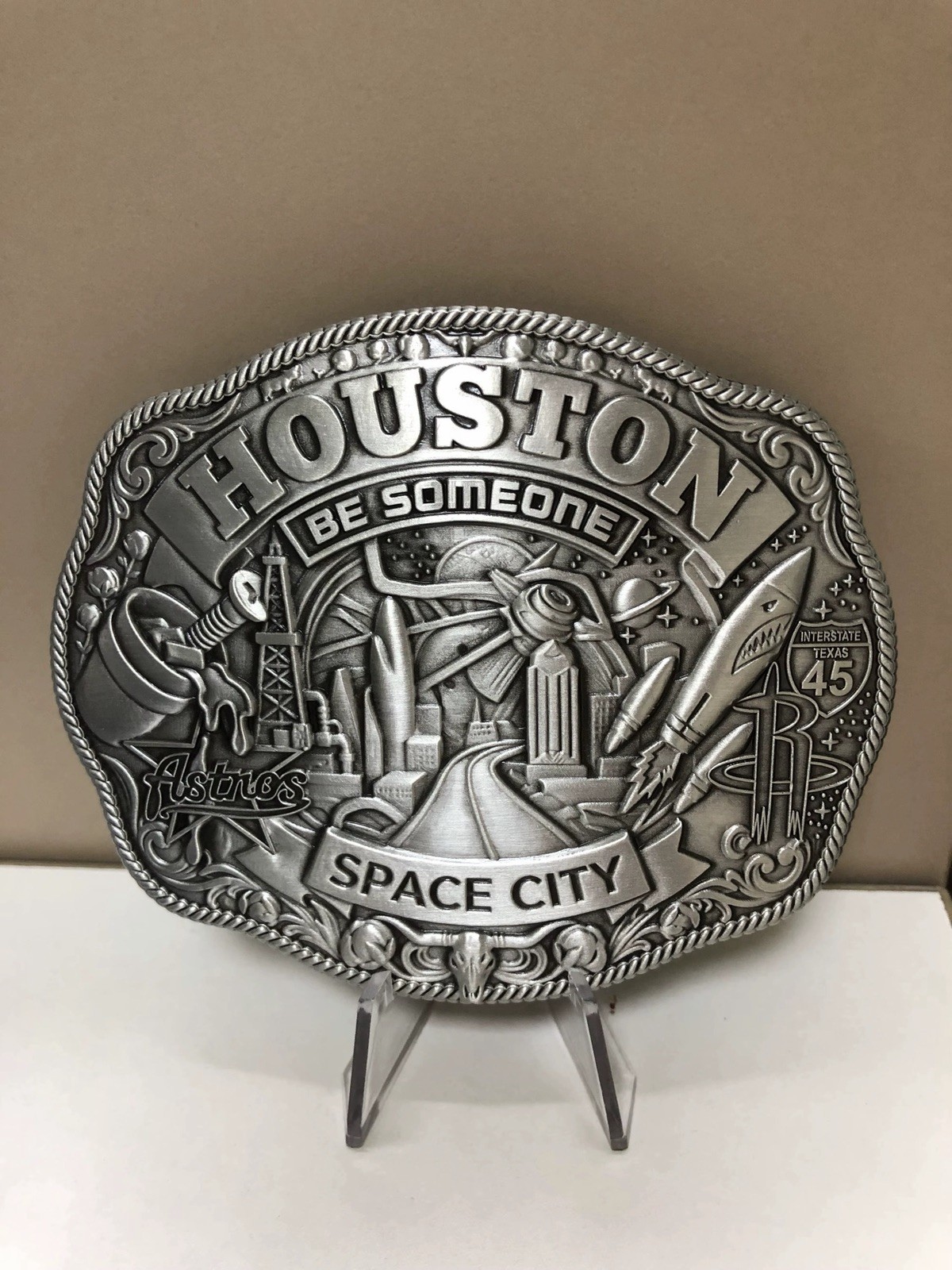 Houston Western Belt Buckle Custom Made Be Someone 4 1/2 x 3 1/2 Houston Western Belt Buckle Custom Made Be Someone 4 1/2 x 3 1/2